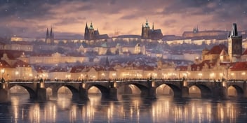 Prague bridge in realistic Christmas style