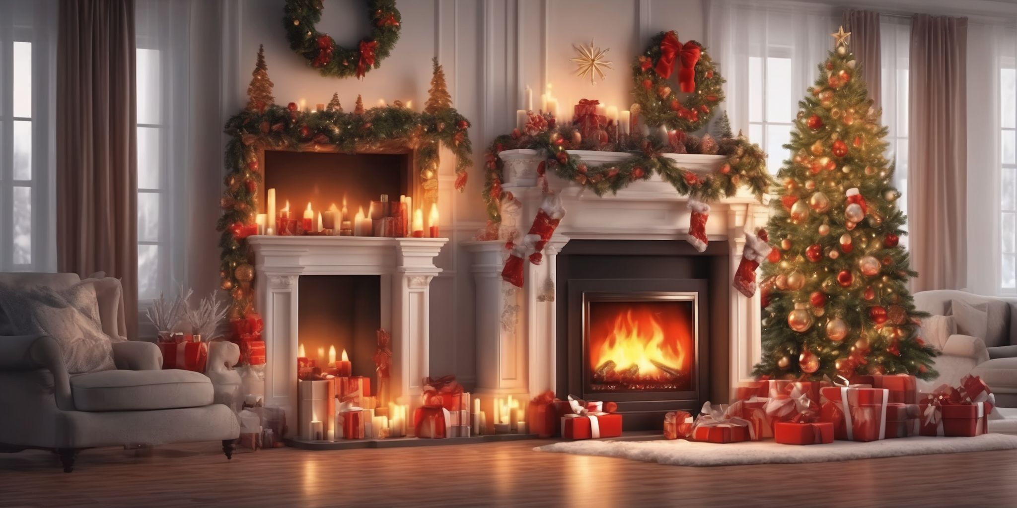 Fireplace in realistic Christmas style