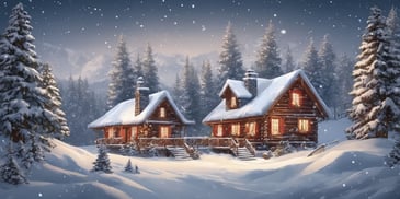 Snow-covered cabin in realistic Christmas style