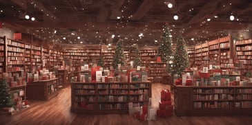 Portland bookstore in realistic Christmas style